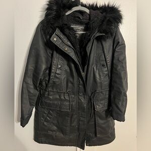 American Eagle Outfitters Women's Black Jacket with Fur Hood